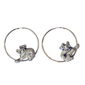 HOOP EARRINGS Gold-tone w/Pewter Colored Mamma & Baby Koala Bears, Approx.1 1/2”